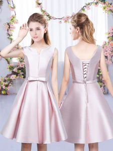 Extravagant V-neck Sleeveless Satin Quinceanera Court of Honor Dress Bowknot Lace Up