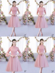 Cap Sleeves Tea Length Lace Zipper Quinceanera Dama Dress with Pink