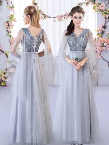 Grey Lace Up V-neck Appliques Quinceanera Dama Dress Tulle Sleeveless