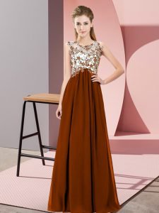 Top Selling Sleeveless Chiffon Floor Length Zipper Quinceanera Court of Honor Dress in Brown with Beading and Appliques