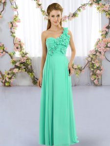 Glorious Floor Length Turquoise Quinceanera Dama Dress One Shoulder Sleeveless Lace Up