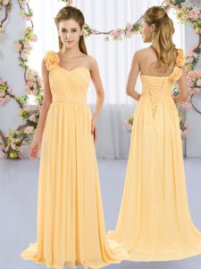 Enchanting Gold Empire One Shoulder Sleeveless Chiffon Brush Train Lace Up Hand Made Flower Court Dresses for Sweet 16
