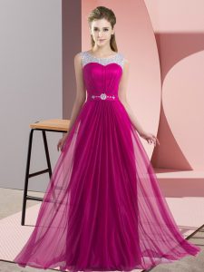 Fantastic Beading Dama Dress for Quinceanera Fuchsia Lace Up Sleeveless Floor Length