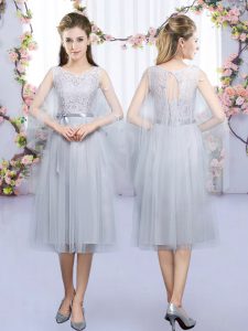 Tea Length Grey Dama Dress for Quinceanera Scoop Sleeveless Lace Up