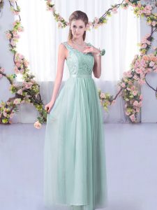 Luxury Sleeveless Floor Length Lace and Belt Side Zipper Damas Dress with Light Blue