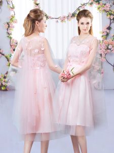 Baby Pink Empire V-neck Sleeveless Tulle Tea Length Lace Up Appliques and Belt Court Dresses for Sweet 16