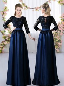 Navy Blue Empire Satin Scoop 3 4 Length Sleeve Lace Floor Length Zipper Dama Dress for Quinceanera