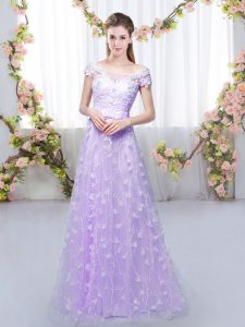 Free and Easy Empire Dama Dress for Quinceanera Lavender Off The Shoulder Tulle Cap Sleeves Floor Length Lace Up