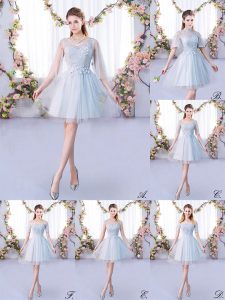 Charming Mini Length Grey Quinceanera Dama Dress Tulle 3 4 Length Sleeve Lace