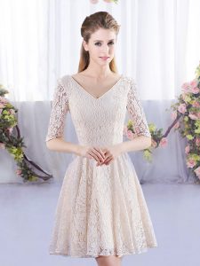 Lace Dama Dress for Quinceanera Champagne Lace Up Half Sleeves Mini Length