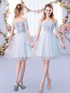 Sexy Grey Tulle Lace Up Dama Dress for Quinceanera Short Sleeves Mini Length Lace