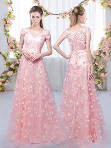 Pink Empire Appliques Quinceanera Court Dresses Lace Up Tulle Cap Sleeves Floor Length