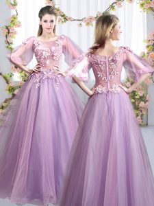 Fine Tulle Scoop Half Sleeves Zipper Appliques Quinceanera Court Dresses in Lavender