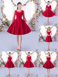 Satin Scoop 3 4 Length Sleeve Zipper Ruching Quinceanera Court Dresses in Red