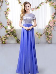 Floor Length Lavender Dama Dress for Quinceanera Chiffon Short Sleeves Sequins