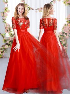 Fitting Red Scoop Zipper Appliques Court Dresses for Sweet 16 Short Sleeves
