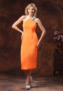 Halter Orange Tea-length Dama Dress For Quince with Criss Cross Back