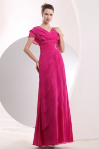 Hot Pink Long Quinceanera Dama Dress with V-neck Short Sleeves