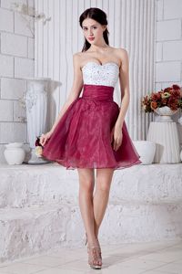 White And Burgundy Short Organza Quince Dama Dress with Beads