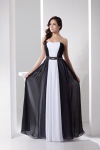 White and Black Strapless Long Dama Dresses with Beaded Belt
