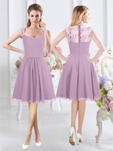 Hot Selling Straps Cap Sleeves Chiffon Knee Length Zipper Dama Dress in Lavender with Lace