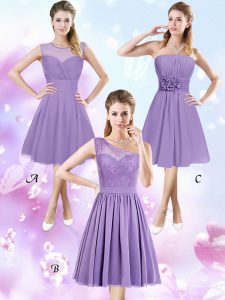 Affordable Lavender Zipper Scoop Lace and Ruching and Hand Made Flower Dama Dress Chiffon Sleeveless