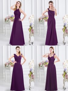 Halter Top Purple Sleeveless Lace and Ruching Floor Length Damas Dress