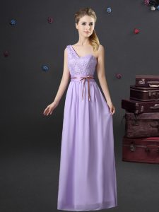 One Shoulder Sleeveless Chiffon Quinceanera Court Dresses Lace and Appliques and Belt Lace Up