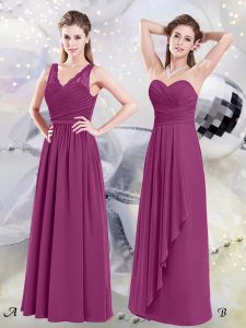 Lace and Ruching Dama Dress Fuchsia Side Zipper Sleeveless Floor Length