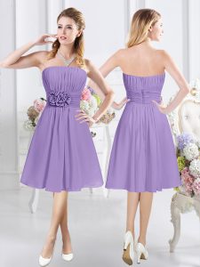 Strapless Sleeveless Quinceanera Court of Honor Dress Knee Length Ruching and Hand Made Flower Lavender Chiffon