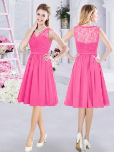 Chiffon V-neck Sleeveless Side Zipper Lace and Ruching Damas Dress in Hot Pink