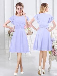Lavender A-line Chiffon Scoop Short Sleeves Ruching Knee Length Side Zipper Court Dresses for Sweet 16