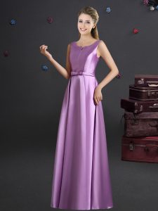 Wonderful Lilac Elastic Woven Satin Zipper Straps Sleeveless Floor Length Court Dresses for Sweet 16 Bowknot