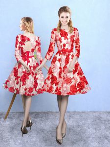 Red A-line Taffeta Scoop 3 4 Length Sleeve Embroidery Knee Length Lace Up Damas Dress