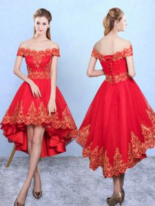Fabulous Wine Red Taffeta Lace Up Off The Shoulder Sleeveless High Low Court Dresses for Sweet 16 Appliques