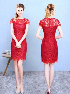 Attractive Red Bateau Zipper Lace Court Dresses for Sweet 16 Short Sleeves
