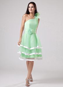 Green Ruffled One Shoulder Dama Dress with Hand Made Flowers