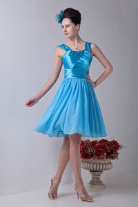 Aqua Blue with Straps Chiffon Dresses For Damas with Ruches