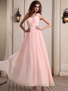 One Shoulder Ankle-length Dama Dress in Baby Pink with Flower
