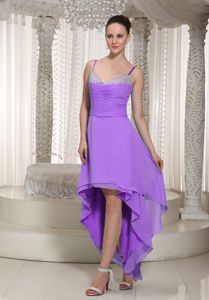Spaghetti Straps High-low Beaded Lavender Dama Dress with Ruche