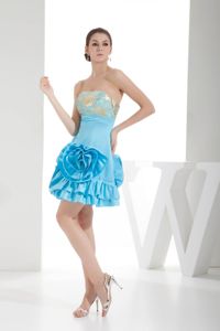 Strapless Short Aqua Blue Dama Dress with Flower and Embroidery