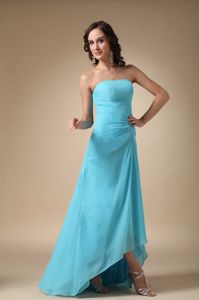 Strapless Asymmetrical Ruched Quince Dama Dresses in Aqua Blue