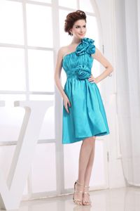 Hand Made Flower and Ruche One Shoulder Baby Blue Dama Dress
