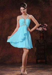 2013 Straps Dama Dress in Baby Blue with Beading and Ruches