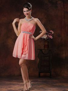 Beaded and Ruched Watermelon Red Strapless Empire Dama Dress