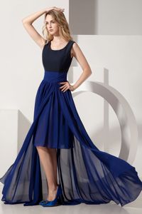 High-low Scoop Empire Chiffon Navy Blue Dama Dress for Party