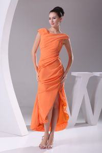 Cap Sleeves Scoop Tea-length Slit Orange Ruches Dama Dress