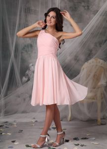 One Shoulder Baby Pink Empire Chiffon Bridesmaid Dama Dress