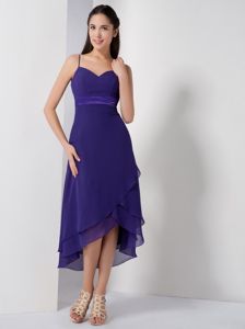 High-low Purple Quinces Dama Dresses with Spaghetti Straps