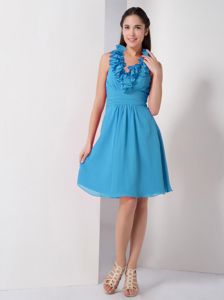 Halter Baby Blue Chiffon A-line Ruched Prom Dress for Dama